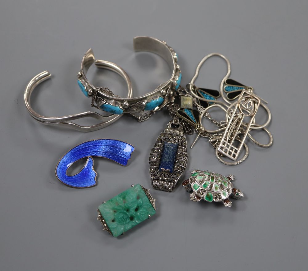 A Norwegian sterling and enamel scroll brooch, 45mm and other jewellery including sterling and marcasite.
